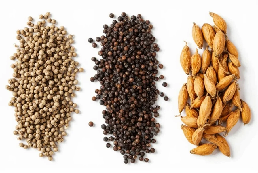 Side-by-side comparison of Sichuan peppercorns, black peppercorns, and dried lotus seeds