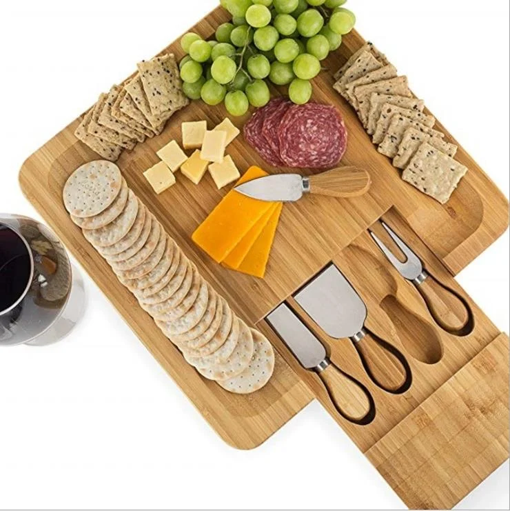 

Organic Bamboo Charcuterie Platter Serving Tray with Cutlery Bamboo Cheese Board and Knife Set, Natural bamboo color