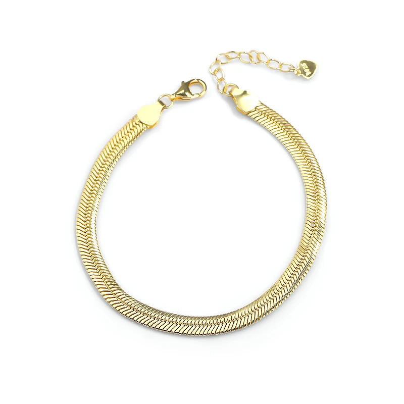 

High Quality 18k Gold Plated 925 Sterling Silver 4.5mm Flat Herringbone Snake Chain Bracelets Adjustable, 18k gold/ silver