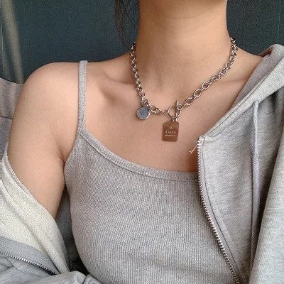 

2021 Hot Selling Punk Accessories Silver Plated OT Buckle Link Chain Necklaces Square Tags Love Coin Pendant Necklaces