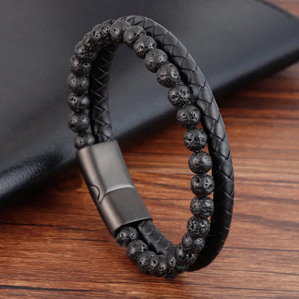 

High Quality Natural Bead Stone Bracelet Genuine Leather Round Braided Bangle, Black