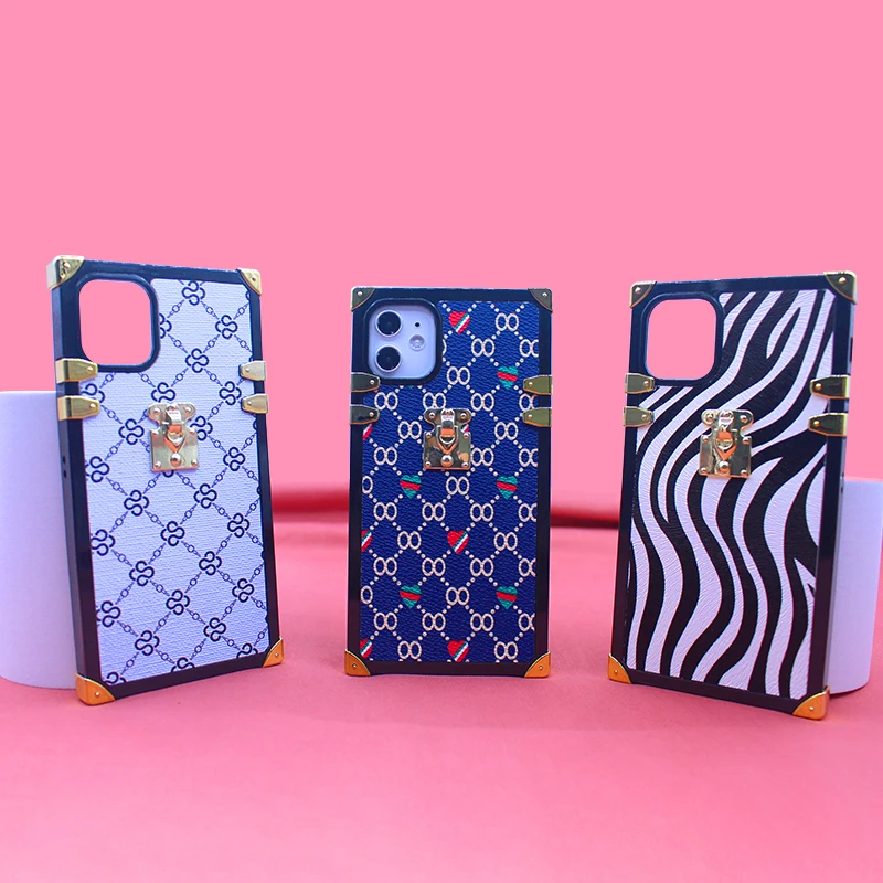 

Fashion Luxury Zebra Pattern Square Leather Phone Case Back Cover for iphone 6 7 8 plus x xs 11 12 mini pro max