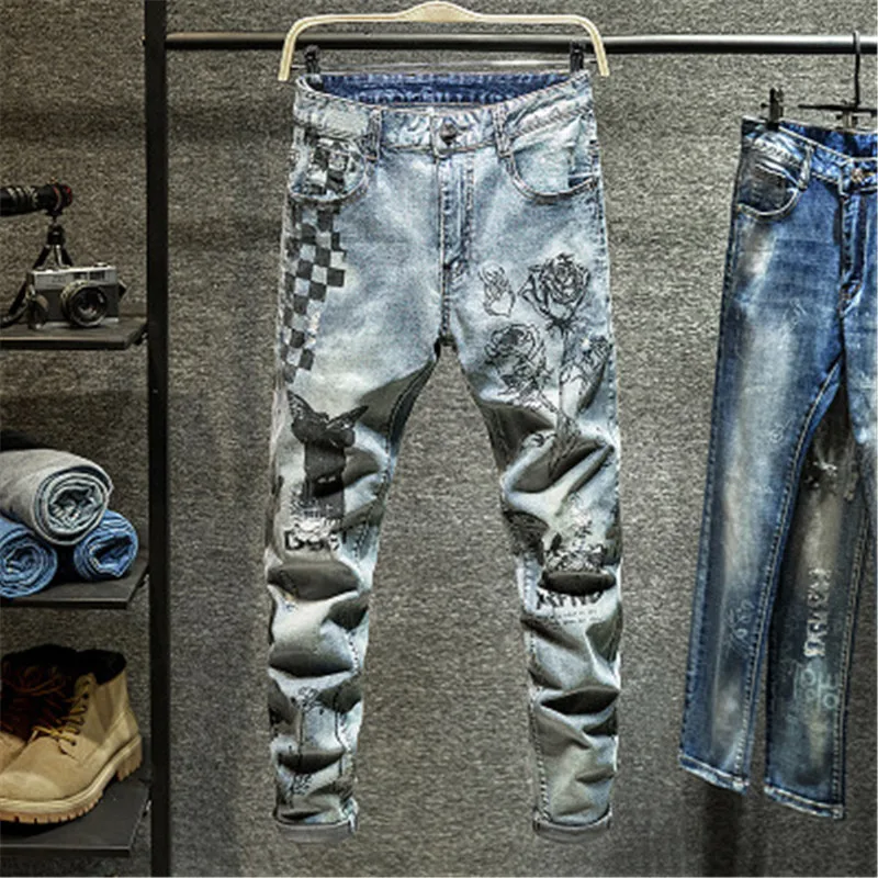 

Autumn light-colored net red ripped jeans men's tide brand social Korean youth personality graffiti stretch pants, Customized color