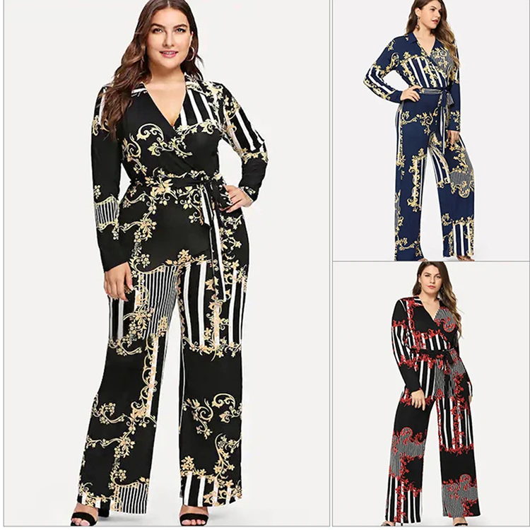 Hi-Waisted Lacing Printed Deep-V Fall Jumpsuits Wide Leg Pants  Plus Size Women Clothing