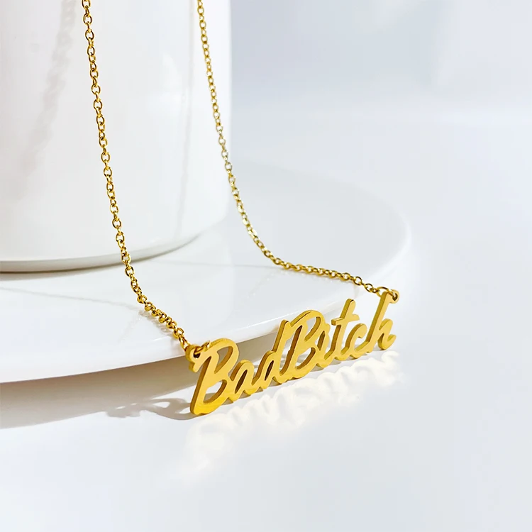 

Wholesale Custom 18K Gold Plated Stainless Steel Bad Bitch Sign letter Pendant Necklace 2021, Gold color