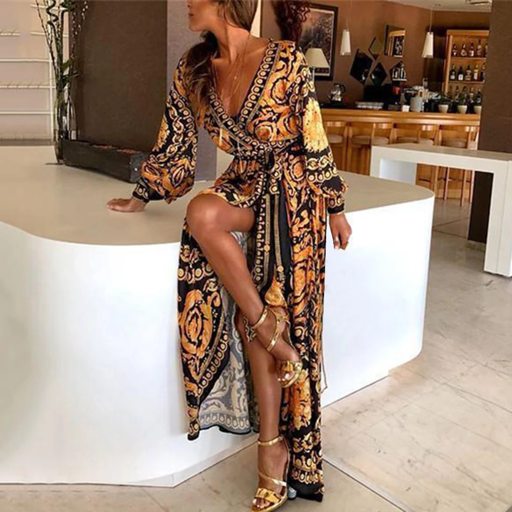 

Women Floral Print Spring Boho Dresses 2021 New Long Sleeve V Neck Long Dress Party Beach Holiday Club Dresses Sundress, Picture color