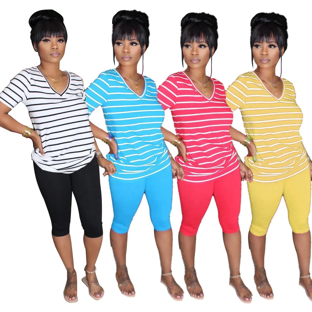

MT67-3186 Fashion color striped T-shirt stitching solid color pants suit