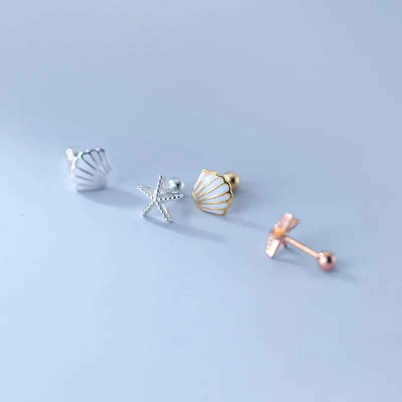 

Cute Style Sea Element Asymmetrical Shell Starfish S925 Silver Stud Earrings Shell Shape Sterling Silver Stud Earrings