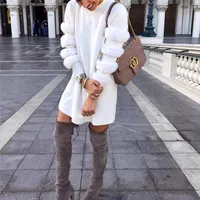 

2019 Autumn Patch Fax Fur Long Sleeve Short Dress Fashion White Dress vestiods Cheap Women Clothing