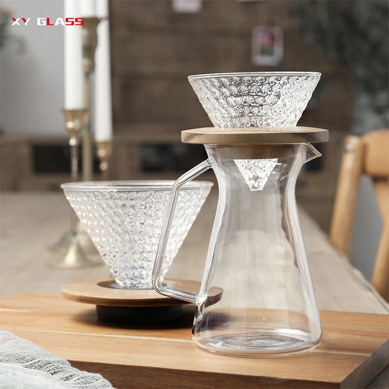 

wooden pedestal stand design High borosilicate v60 glass dripper coffee pot