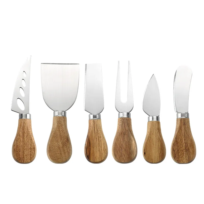 

6-piece Stainless steel Acacia Wood Handle cheese knife set butter knife pizza knife, Silver
