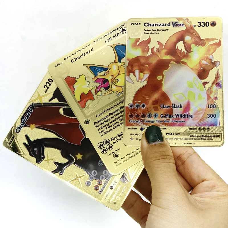 

2021 Latest Rainbow Charizard Pokemon Cards Vmax 1st edition Gold metal Pokemon collectible cards