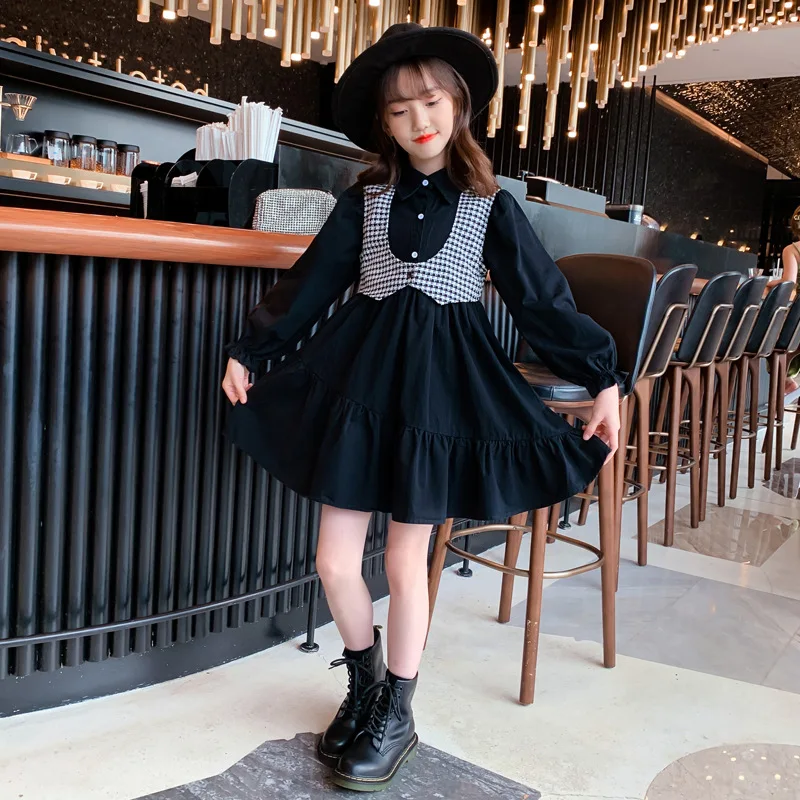 

New arrival spring autumn girls plaid printing turn down collar long sleeve relax dress for kids, Picture shows