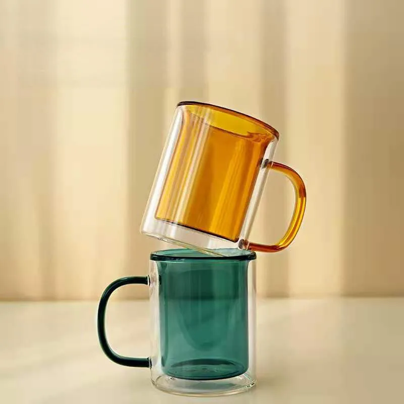 

Wholesale high quality borosilicate double wall glass cup, Pink,green,amber,grey