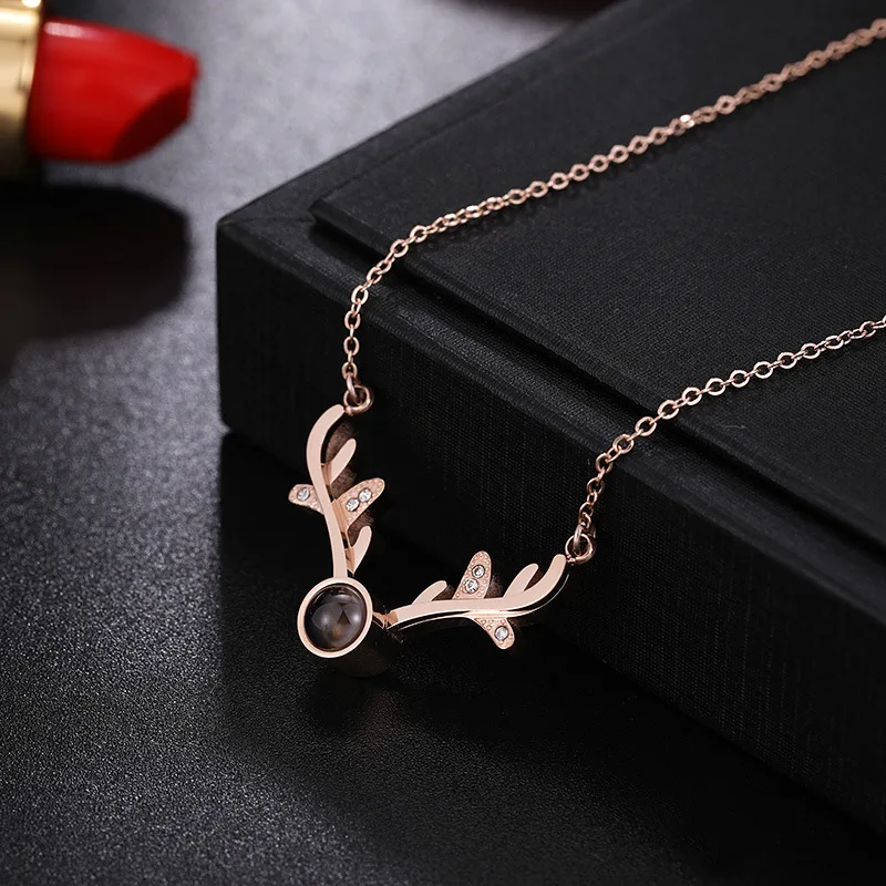 

Wenyii Rantai Kalung Stainless Steel Necklace Titanium I LOVE YOU In 100 Languages Projection Necklace Elk Pendant Choker, Picture