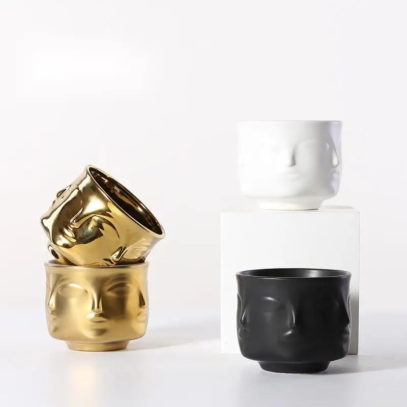 

Nordic Style Ceramic Human Face Potted Plant Vase Living Room Decoration Succulent Flower Pot, White/black/golden
