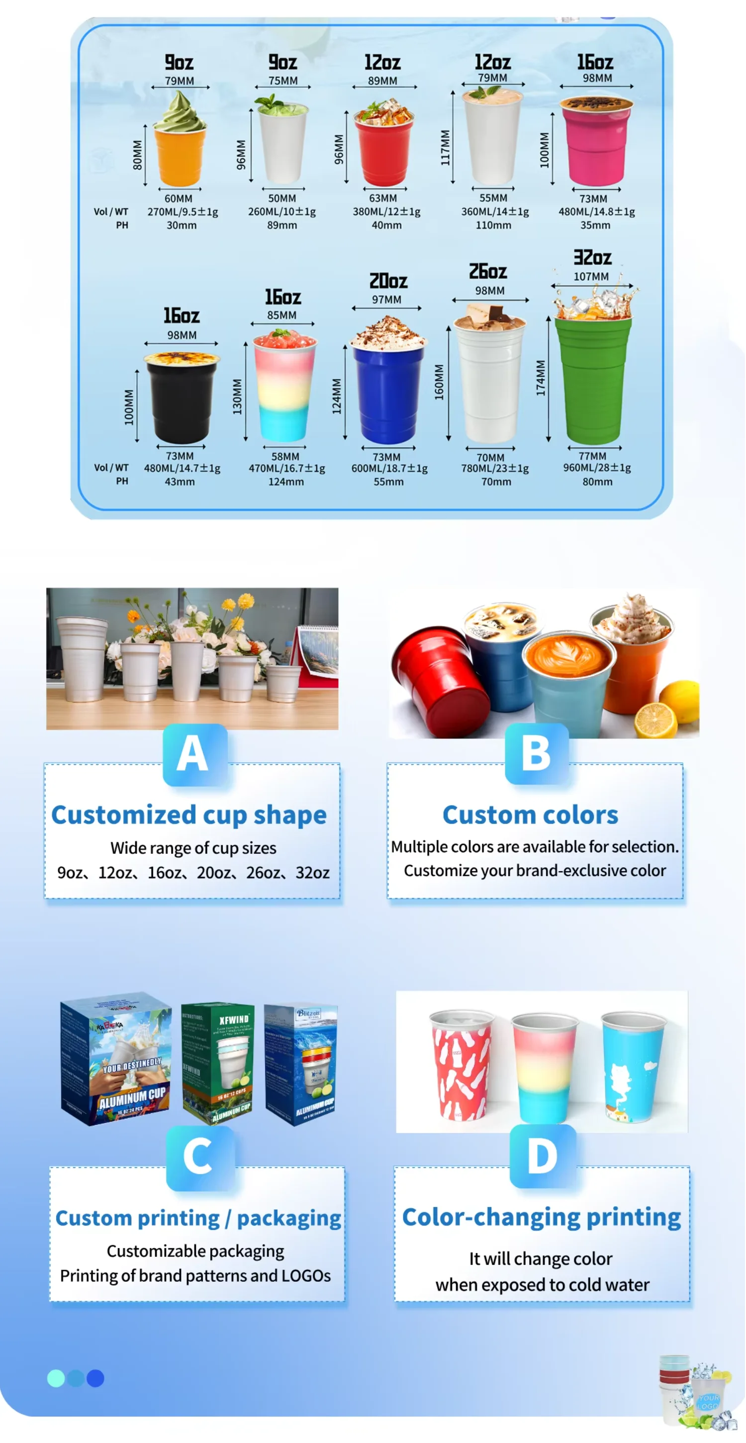 Custom Logo Reusable Food Grade Aluminum Cup Drop Resistant Commercial Cola Beer Cup for Party Bar Cold Drink Cup