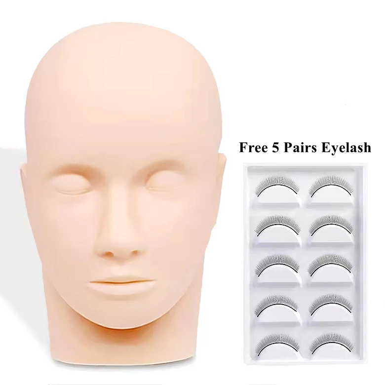 

Training Mannequin Head For Eyelash Practice Massage Flat Mannequin Head With 5 Pair Lashes, Natural nude