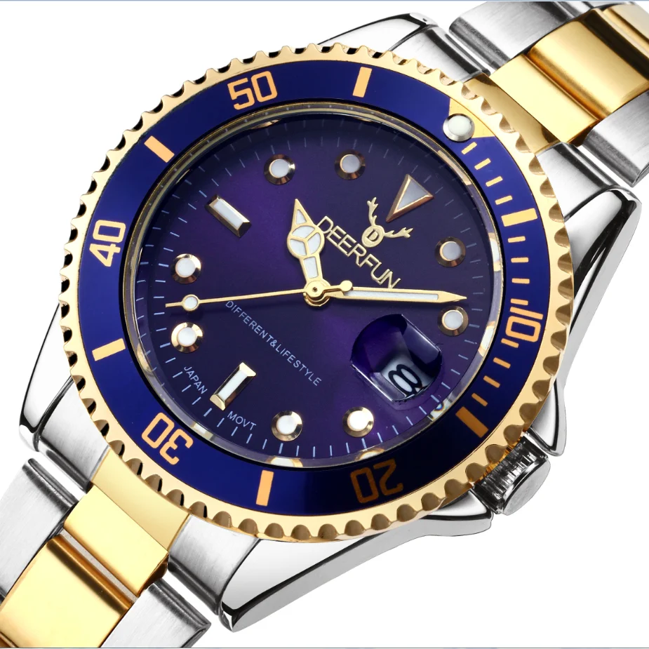 

4343 Deerfun Factory Price Gold Watch Men GMT Rotatable Bezel Sapphire Glass Stainless steel Band Sport Quart Watch