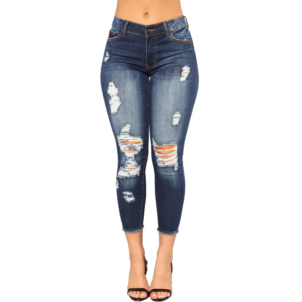 

Fashion clothing vendors Jean top design plus size women denim pants Skinny ripped jeans With Custom processing, Bule