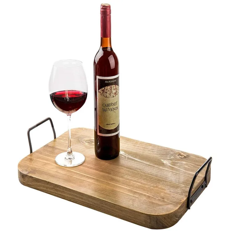 wooden tray with metal handles