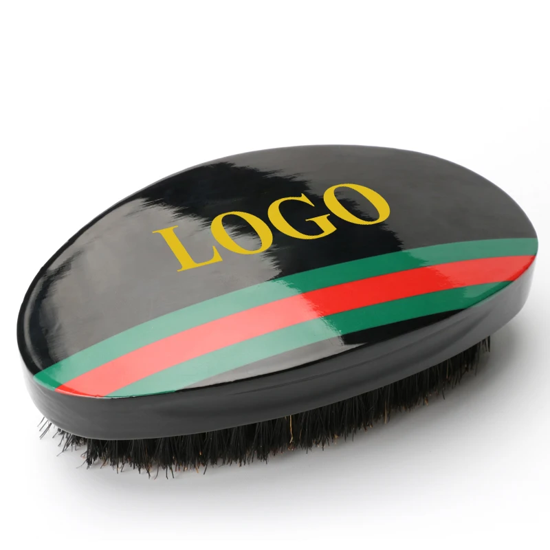 

Professional Custom Logo Natural 100% Boar Bristles Curved 360 Wave Brush, Black, red
