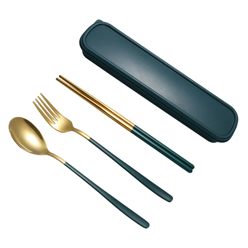 

Portable Travel Stainless Steel Gold Cutlery Set With Color Handle Spoon Fork Knife