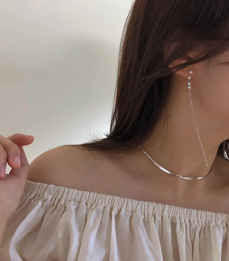 

Vershal 18K Real Gold Plated Minimalist Pearl Long Chain Drop Earrings Jewelry For Women, As pitcure