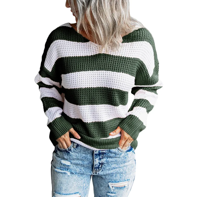 

2021 autumn winter new sweater V-neck stripe stitched waffle sweater women's long sleeve casual women's Pullover