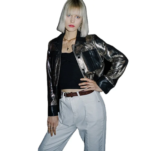 

Fashion style short leather jacket factory wholesale reflective leather jackets and coats for women, Black