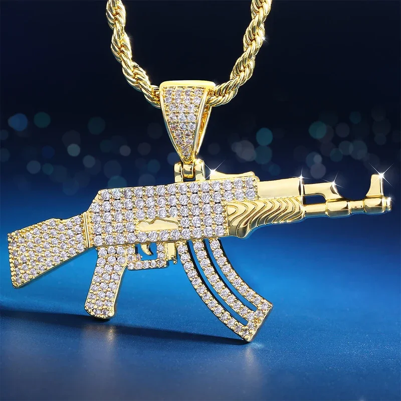 

KRKC Wholesale Metal Necklace Jewelry AK47 Rifle Gun Pendant Charm Mens Hip Hop Iced Out Diamond 14K Gold Plated Gun Pendant