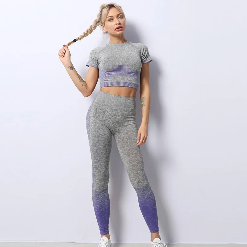 

Custom made butt lift yoga sets new knitted short sleeve hip lifting elastic fitness yoga suit ladies sexy yoga set, 6 kinds of color