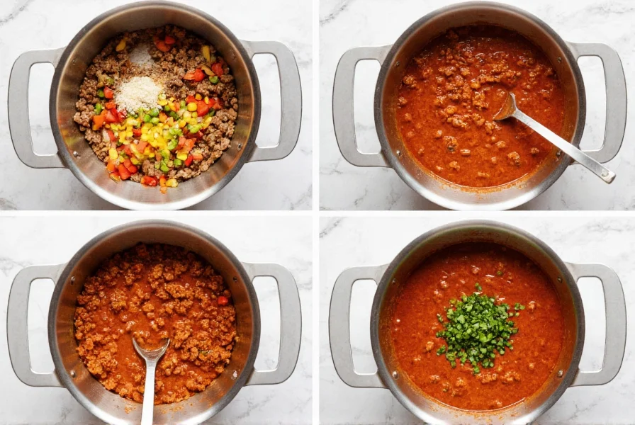 Step-by-step preparation of healthy low calorie chili with fresh vegetables and lean ground turkey in a stainless steel pot
