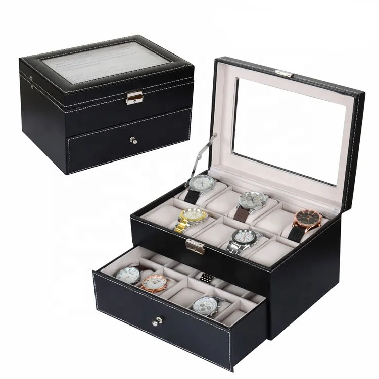 

Two Layers Design wrist watch box, Luxury Black watch storage box, luxury watch box leather