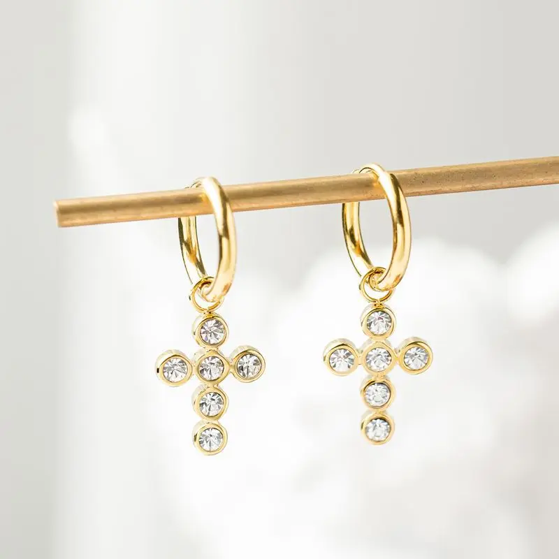 

Wholesale Hypoallergenic Waterproof Jewelry 14k Gold Plated Stainless Steel Cross Cubic Zirconia Drop Earrings YF2907