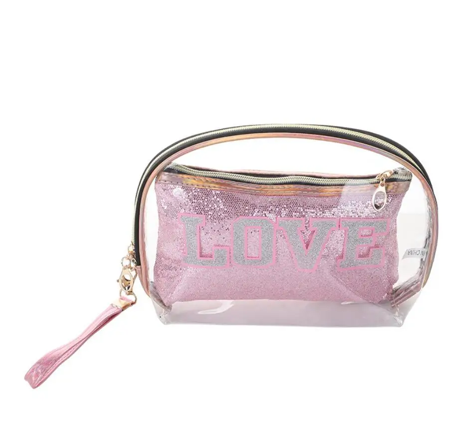 

wholesale cute shiny pink 2 piece per set water proof clear travel transparent makeup brush set with bag cosmetic, Silver/gold/red/pink