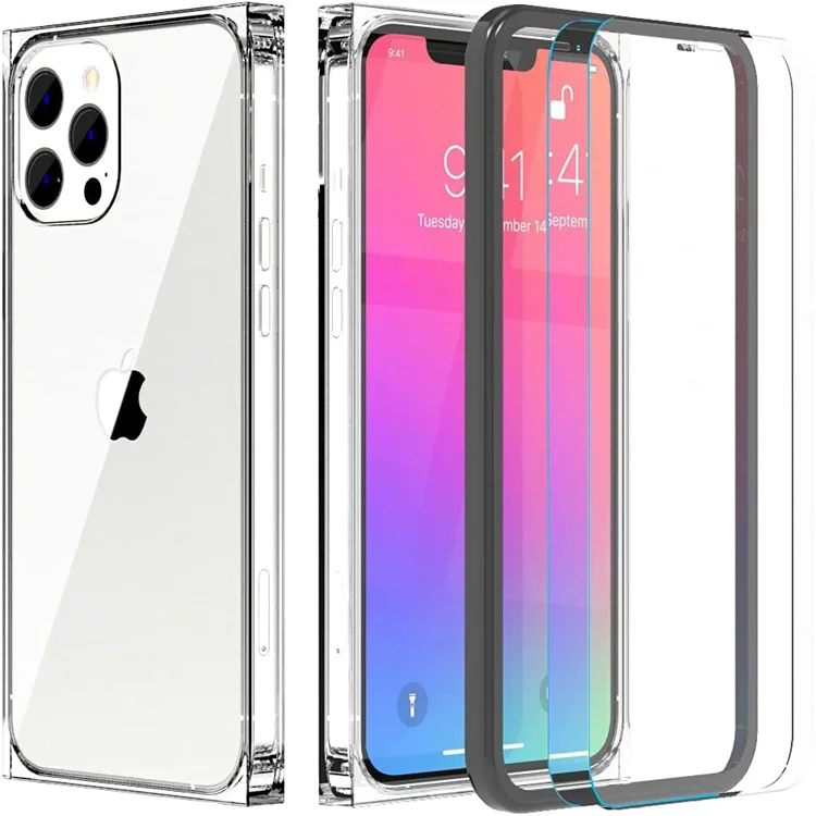 

Amazon Hot Drop Proof Square Phone Case with Cell Screen protector and Installation Frame For iPhone 13 12 11 Pro Max, Transparent