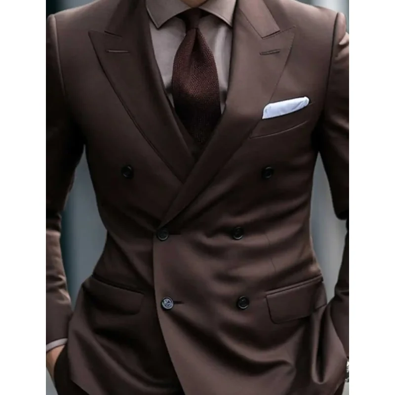 Dark Brown Men's Suits 2-Piece Double Breasted Customized Men's Formal Wear Banquet Wedding Tuxedos Blazer Pants Set