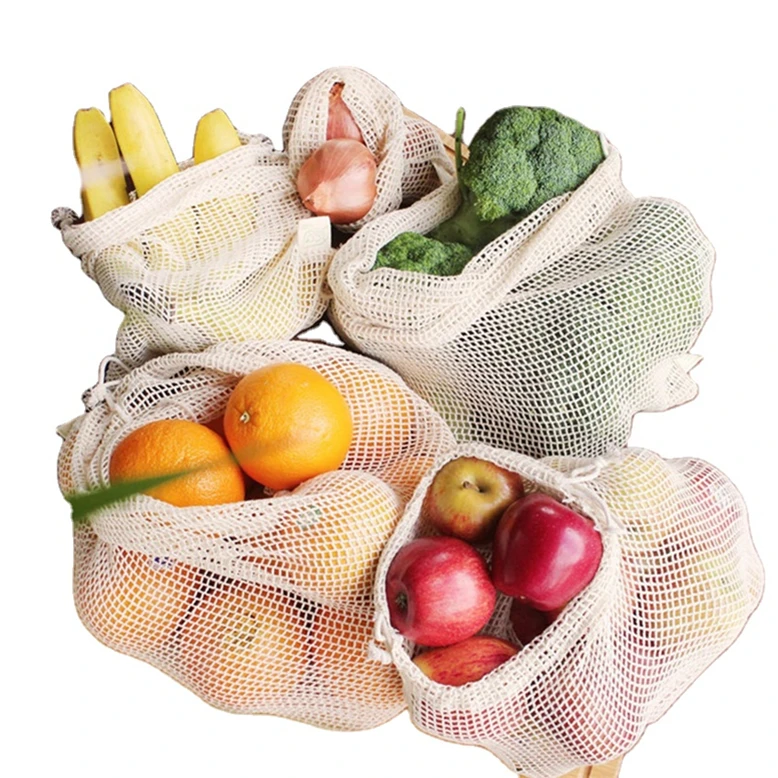 

Mesh Fruit and Vegetable Bags Reusable Produce Bags Zero Waste Bolsas Ecologicas Eco Green Accept Customized Logo 100% Cotton, Nature color