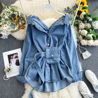 

10% Off Autumn Winter Vintage Sashes Slim Waist Jeans Coat Women Denim Jacket Buttons Backless Long Outerwear