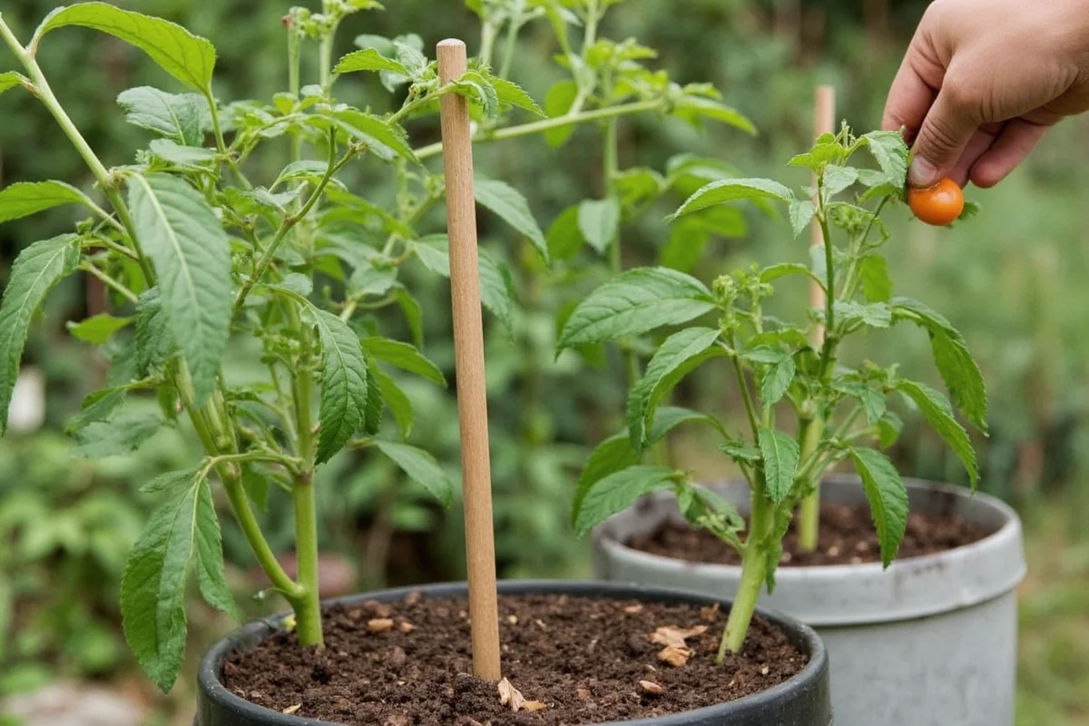 how to stake tomato plants in containers