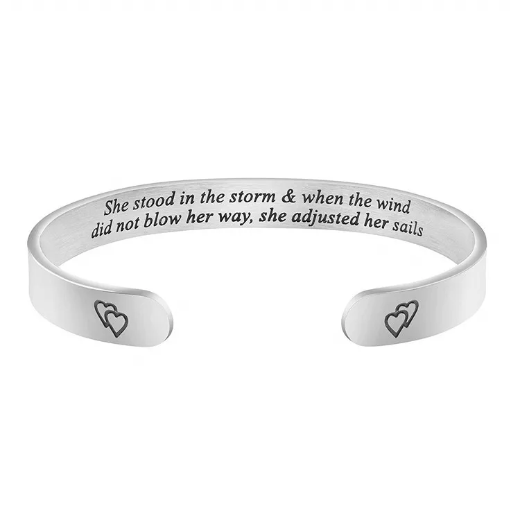 

Hotsale Inspirational Bracelets for Women Custom Personalized Engraved Words and Heart Stainless Steel Cuff Bangle, Silver color/gold plated color