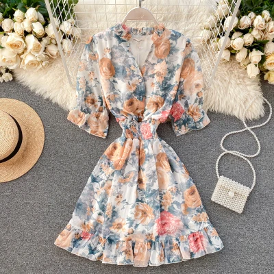 

Ins Hot Sale Women Fashion Floral Printed Chiffon Mini Dress