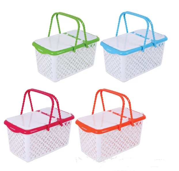 

Picnic basket hand storage basket thickened plastic shopping basket, White+blue