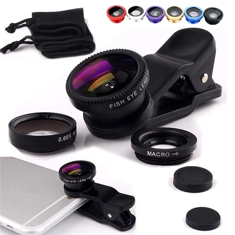 

3 in 1 Fish Eye for iPhone Phone Lens fisheye +wide angle +macro camera lenses for Samsung, Silver, black, golden,red, blue