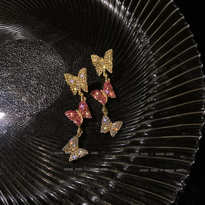 

fashion trendy wholesale crystal pink butterfly earrings