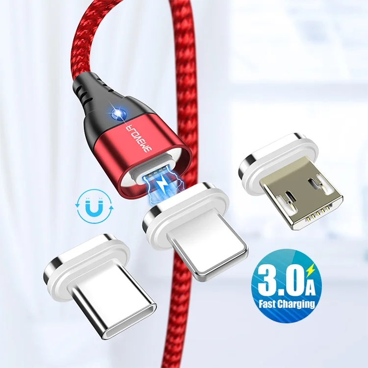 

Free Shipping 1 Sample OK 1m 3 in 1 3A Magnetic Fast Charging Nylon Cabo Micro USB Charging Cable for Lightning, Black/ red/ sliver