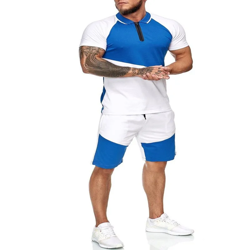 

Men's short sleeve lapel color block shorts casual sweatsuit sets men