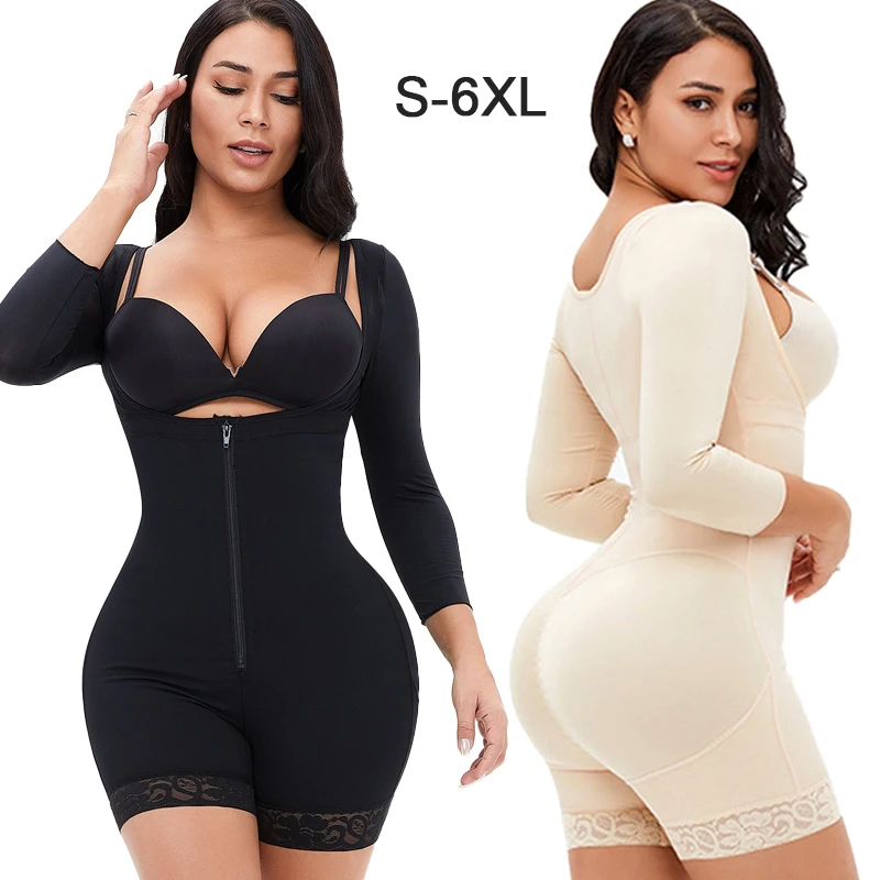 

2021 Long Sleeve Zipper Tummy Control Shapers Women Post Quirurgica Surgery bbl Faja Colombianas Full Body Shapewear Plus Size, Black,nude