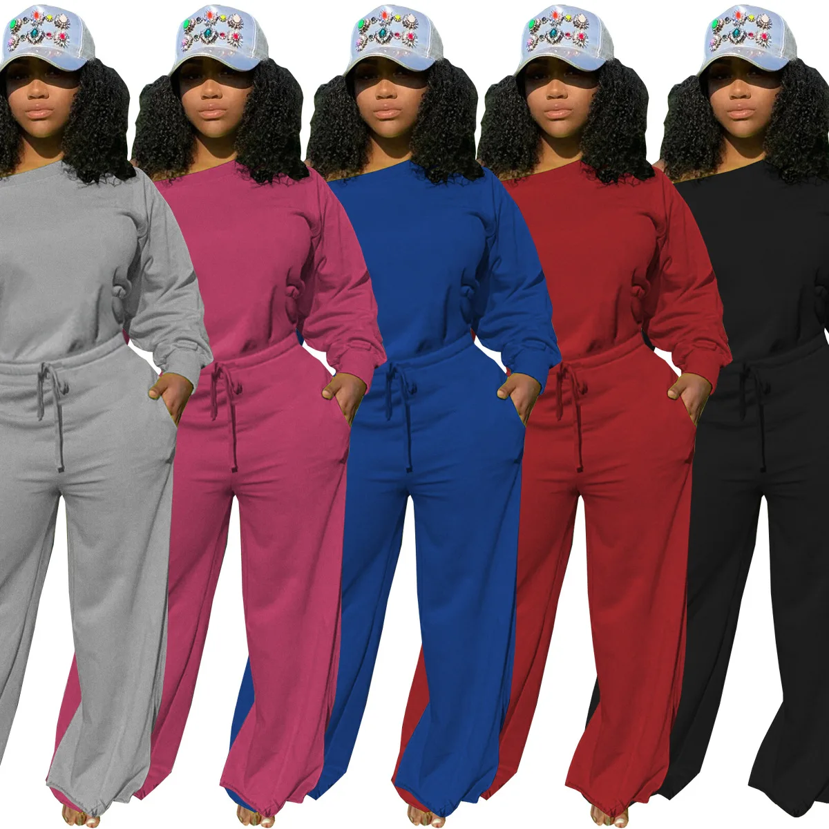 

PDEP drop shipping loose long sleeve ladies round neck sweatsuit 2 pieces set workout casual clothing suit for women, Red,grey,black,blue,pink